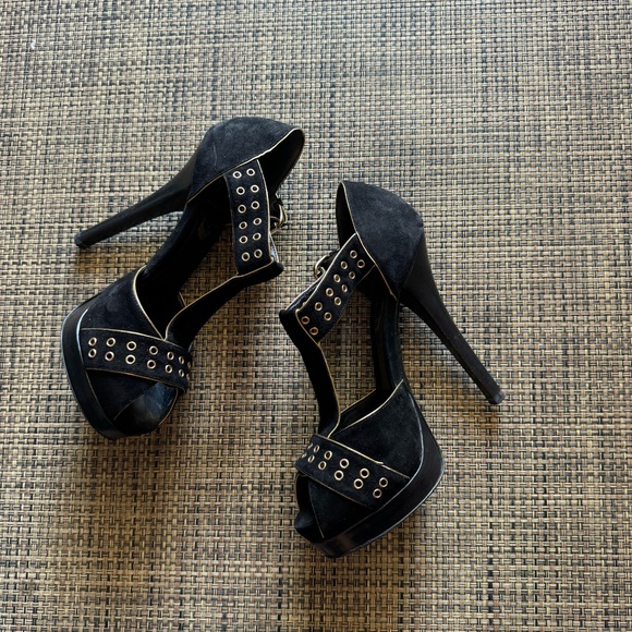 FENDI Black Suede Gold Trim Grommet Peep Toe Platform Heeled Sandals - Picture 4 of 9